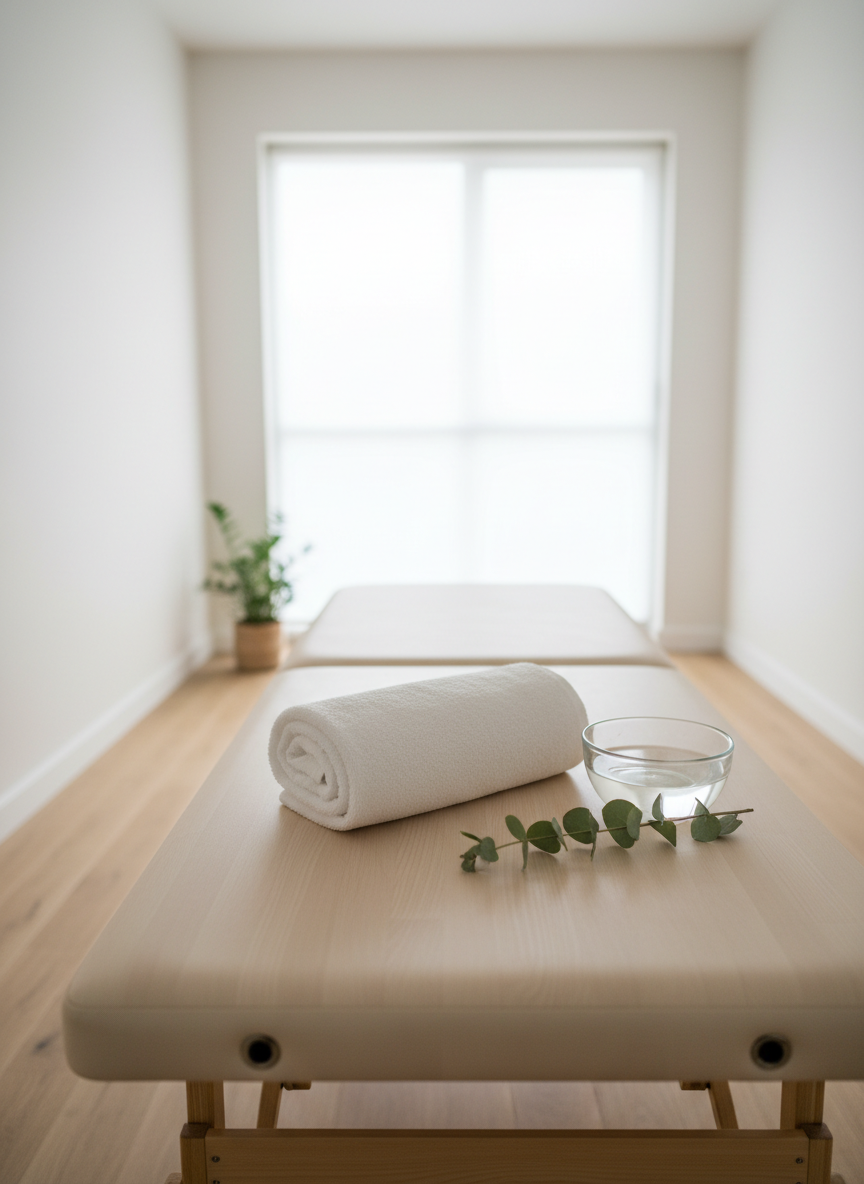 A neatly folded, soft white treatment towel resting on a light wooden osteopathy bench, with a simple glass bowl of water and a single eucalyptus branch arranged beside it. The scene is set in a bright, minimalist therapy room with smooth white walls and pale oak flooring, a frosted window in the background letting in diffused daylight. The natural light creates gentle highlights on the wood grain and soft shadows under the towel, conveying calm and cleanliness. Photographed at eye level with a shallow depth of field, the foreground details are crisp while the background softly blurs, reinforcing a professional, serene, photographic realism suitable for an osteopathy practice homepage.